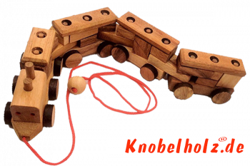 Puzzle Train Holzeisenbahn Puzzle 3D für Kinder zum hinterher ziehen in den Maßen 8,5 x 42,0 x 10,5 cm, samanea wood brain teaser